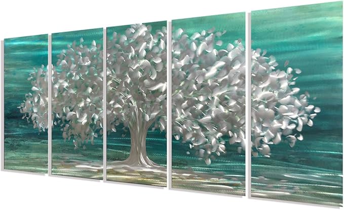 RICHSPACE ARTS Metal Tree Wall Art over Sofa or Bed Large Size Aluminum Artwork Spring Pictures Teal and Gray Decor Contemporary Living Room Bedroom Artwork Set of 5 panels for Walls