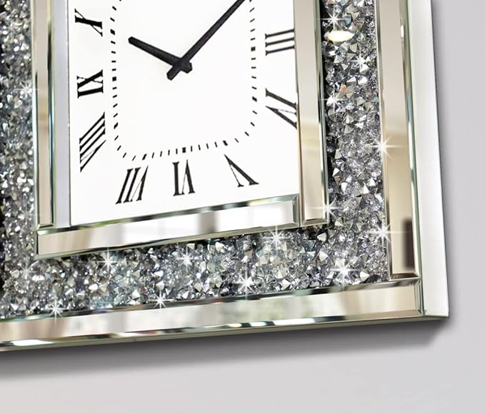 DMDFIRST Silver Square Mirror Clock 20x20inches Crystal Sparkle Twinkle Bling Crushed Diamond Mirrored Large Wall Clock for Wall Decoration Silver Glass Mirror Home Décor. AA Battery is not Included.