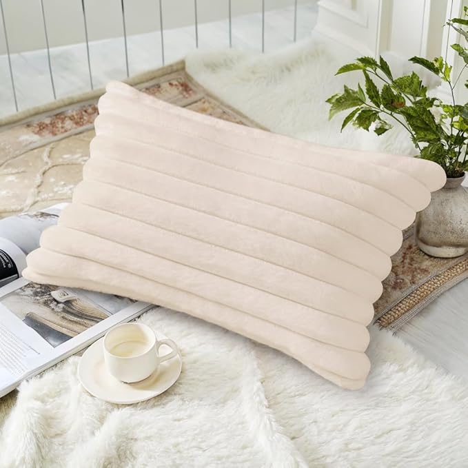 decorUhome Faux Fur Christmas Throw Pillow Covers 12x20 Set of 2, Decorative Soft Plush Striped Lumbar Neutral Couch Euro Pillow Covers with Velvet Back for Sofa, Bed, Living Room Home Decor, Beige