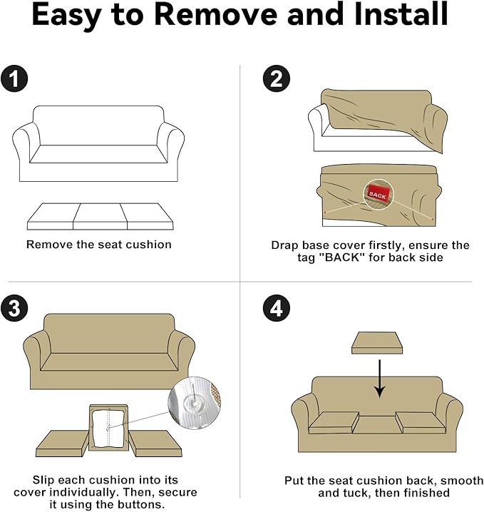 100% WaterproofCouch Cover 4-Piece Set Striped Sofa Slipcovers for 3 Cushion Couch Sofa Covers with TPU Leakproof Bottom Stretch Couch Protector Pet Proof - Sofa(3-Cushion), Camel