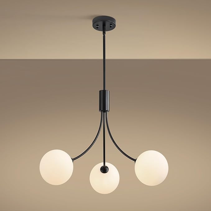 Modern Black Chandelier 3-Light Sputnik Globe Glass Ceiling Light Fixture, Mid Century Vintage Pendant Light for Dining Room, Adjustable Hanging Farmhouse Chandelier for Kitchen, Office, Entryway