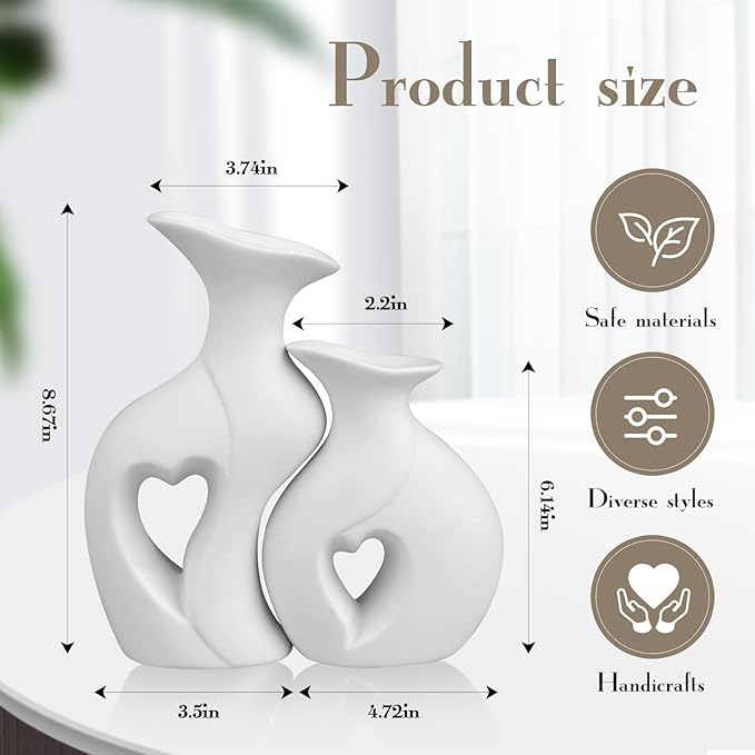 Heart Ceramic Vase Set of 2, White Flower Vases for Lovers, Modern Minimalist Vases for Home Decor or Gift