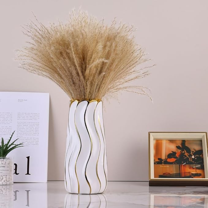 7.5" White Ceramic Vase - Minimalist White and Gold Flower Vase, Small Pampas Grass Vase, Boho Decorative Centerpiece Vase for Home Decor, Table, Shelf, Mantel, and Entryway