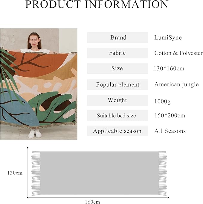 Double-Sided Cotton Woven Throw Blanket with Tassel Jungle Bohemian Style Tapestry Shawl Multi-Function Decorative Throws for Sofa Bed Armchair Camping Blanket Tablecloth Carpet 160x130cm