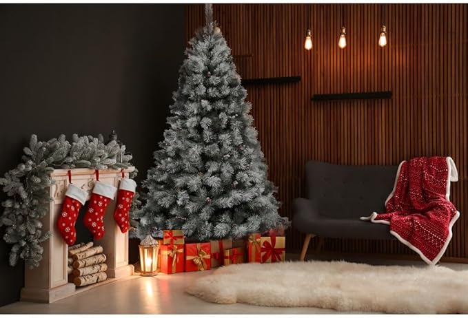 Fraser Hill Farm 6.5-Ft Homestead Pine Frosted Christmas Tree with Pinecones and Berries, Metal Stand and No Lights