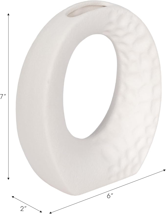 Modern Stoneware Vase with Rough Finish and Open Cut-Out – Contemporary Decorative Ceramic Flower Holder – Unique Home Decor Accent for Living Room, Bedroom, Office, or Dining Table –7", White