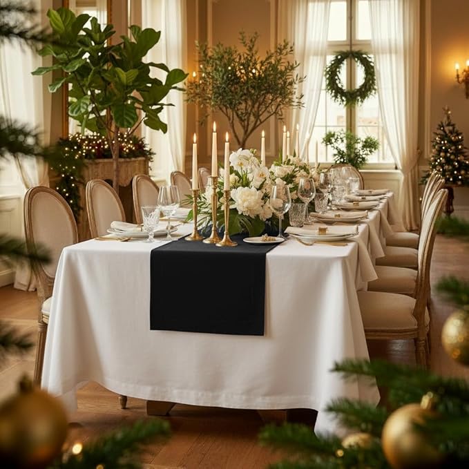 D'Moksha Homes Linen Black Table Runner 90 Inches Long - 100% Pure Linen 14 x 90 Inch Table Runner for Dining, Fall, Thanksgiving, Holiday - Machine Washable
