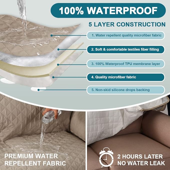 Turquoize 100% Waterproof Couch Cover Sofa Covers for 2 Cushion Couch Loveseat Covers Triple Non-Slip Couch Cover for Dogs Washable Furniture Protector Cover for Pets, Kids,Dog (Loveseat 54", Khaki)