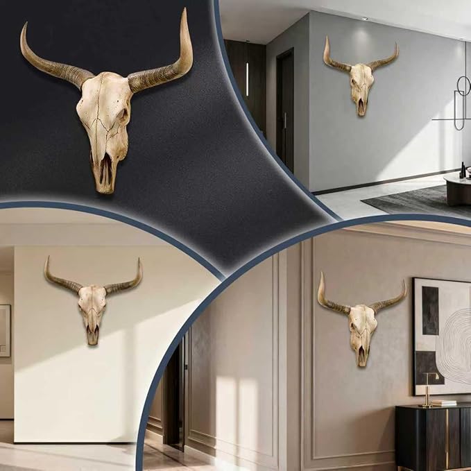rzoizwko Cow Skull Wall Decor, Faux Longhorn Skull Wall Hanging, Bull Head Wall Sculpture, Rustic Western Farmhouse Faux Taxidermy Animal Head, Large 27"x25" Resin Steer Decoration