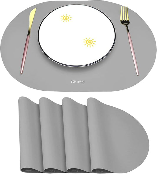 Silicone Placemats, Oval Placemats Set of 4. Heat-Resistant and Easy to Clean Siliconty Mats, Non-Slip Silicone Placemats for Table Protection. (4, Light Gray)