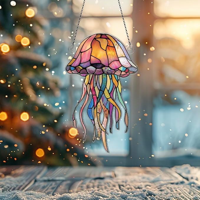 Jellyfish Ornaments Decor for Window Hanging, Jellyfish Lover Gifts for Women Men, Sea Animal Home Wall Room Decorations, Christmas 2D Flat Acrylic Ornamnet