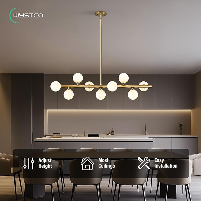 Mid Century Modern Globe Sputnik Chandelier, 9-Light Linear Chandeliers for Dining Room and Kitchen Island, Dining Light Fixture Over Table, Brass Gold and Milk White Glass Bubble, 40 Inch