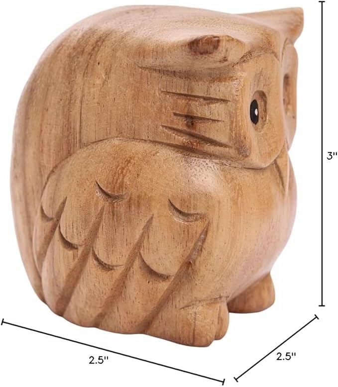 Thai Wooden Hand Carved Wooden Owl Statue, Sculpture Art Decorative Rustic Home Decor Accent Handmade Handcrafted Decoration Natural Color (Owl)