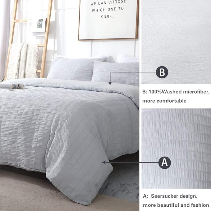 AveLom Light Gray Duvet Cover King(104 x 90 inches), 3 Pieces (1 Duvet Cover, 2 Pillow Cases), Seersucker Striped Soft Washed Microfiber Textured Duvet Cover Set with Zipper Closure, Corner Ties