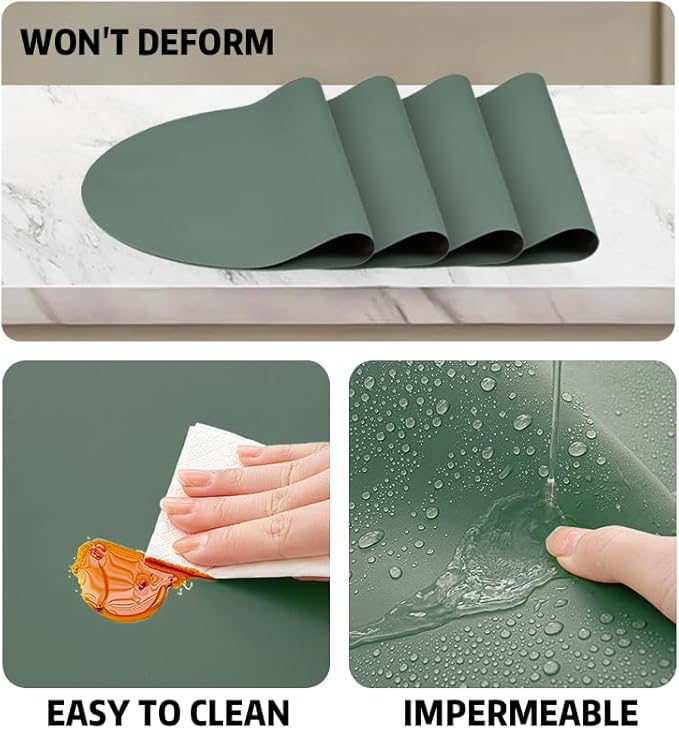 Silicone Placemats, Oval Placemats Set of 4. Heat-Resistant and Easy to Clean Siliconty Mats, Non-Slip Silicone Placemats for Table Protection. (2, Dark Green)