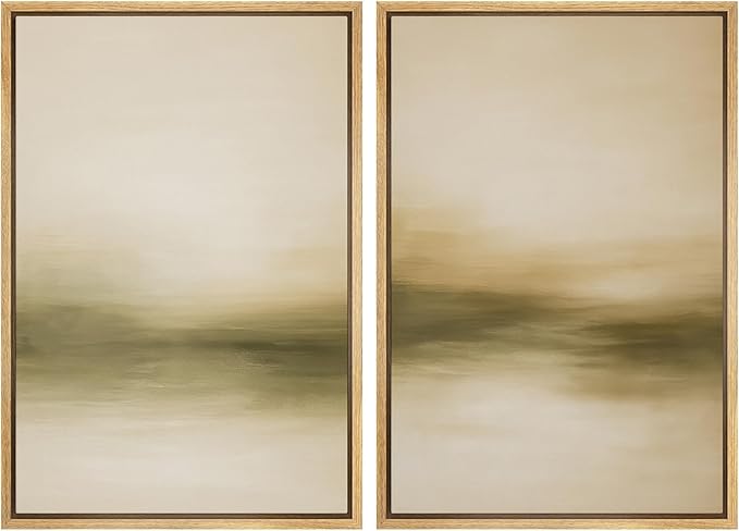 SIGNWIN Framed Canvas Print Wall Art Set Golden Horizon Mist Neutral Beige and Olive Gradient Abstract Landscape Zen Bohemian for Living Room, Bedroom, Office - 24"x36"x2 NATURAL