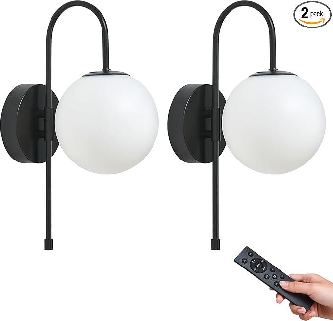 Battery Operated Globe Wall Sconces Set of 2, Wireless Black Wall Lights with Remote Control, Rechargeable 3 Color Stepless Dimming Gooseneck Wall Decor Lamp for Bedroom Living Room Hallway