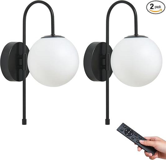 Battery Operated Globe Wall Sconces Set of 2, Wireless Black Wall Lights with Remote Control, Rechargeable 3 Color Stepless Dimming Gooseneck Wall Decor Lamp for Bedroom Living Room Hallway