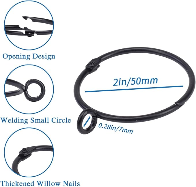 Openable Curtain Rings with Eyelet,24PCS Black Curtain Rings,Drapes Rings 2 in Interior Diameter,Hinge Snap-Joint Design, Fits Curtain Rods Up to 1.8 Inches TXZWJZ