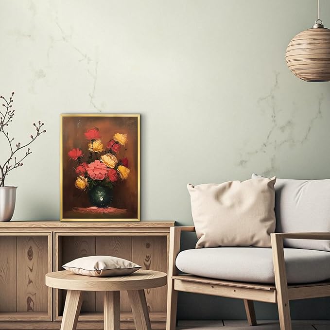 AIMAILON Vintage Gold Canvas Flower Wall Art, Aethestic Still of Life Wall Picture Decor, Artwrok for Walls Living Room Home Room Bedroom Decorations 12x16