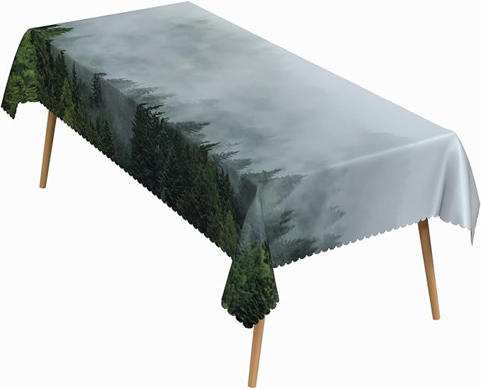 60x84 Inch Nature Rectangular Tablecloth Foggy Mountain Pine Woodland Fairy Table Cloth Waterproof Durable Table Cover for Holiday Picnic Outdoor BBQ Decor