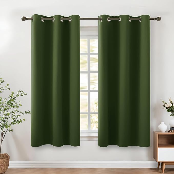 KOUFALL Country Curtains for Retro Vintage Kitchen Decor,Blackout Short Plant Green Bathroom Curtains for Windows,45 Inch Long,Dark Olive Green