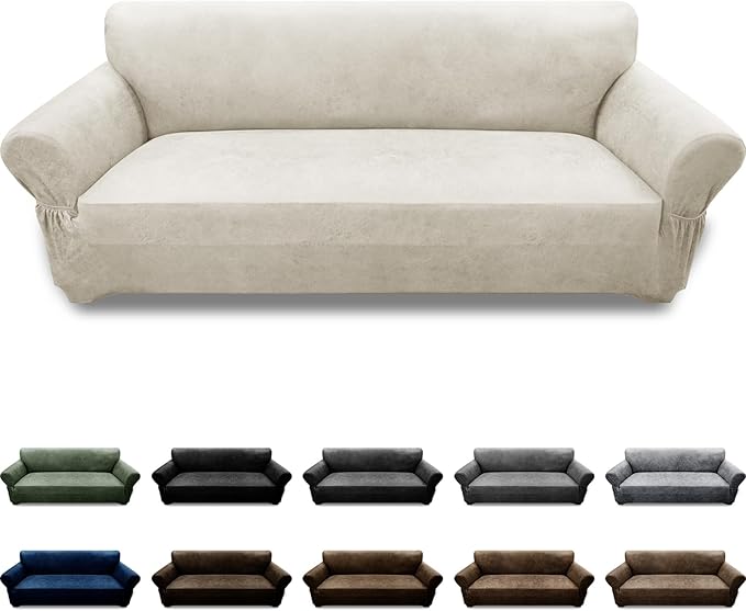 Couch Cover Leather Look 3 Seater Couch Sofa Cover 1-Piece Sofa Slipcover Stretch Furniture Protector with Elastic Bottom & Pockets(Sofa, Beige)