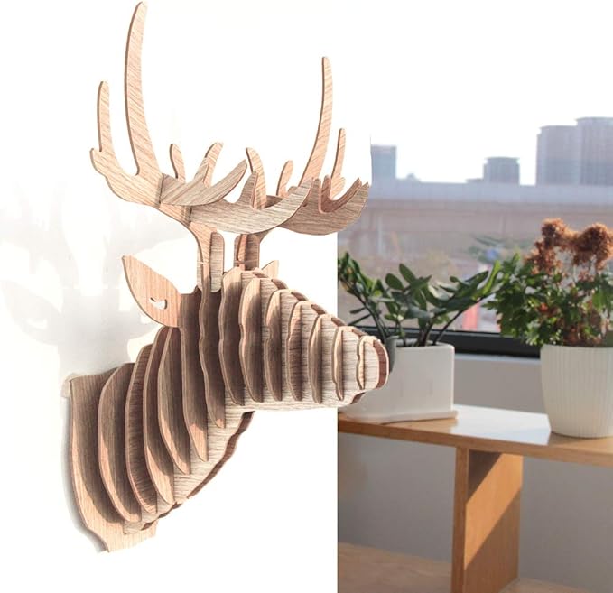 Hooshing Deer Head Wall Decor Trophy Sculpture DIY 3D Puzzle Beige, Wall Decoration for Living Room Office Home