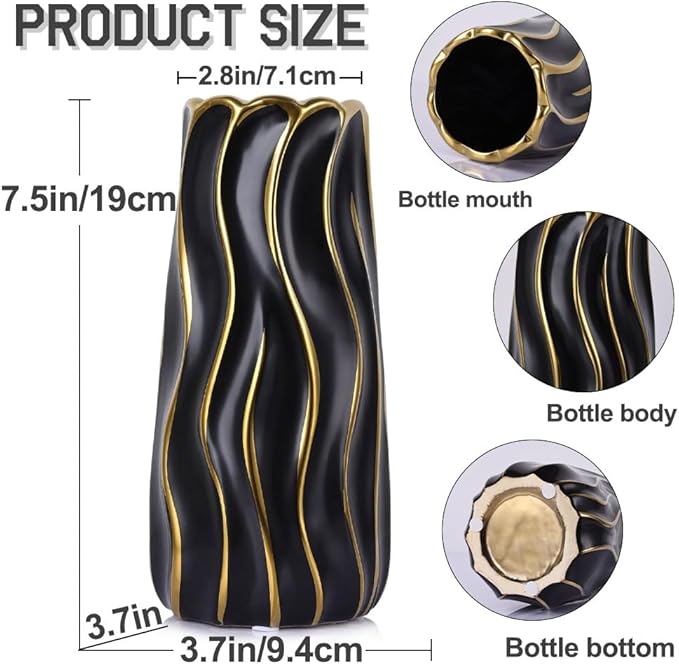 7.5" Black Ceramic Vase - Minimalist Black and Gold Flower Vase, Small Pampas Grass Vase, Boho Decorative Centerpiece Vase for Home Decor, Wedding, Housewarming, Table, Shelf, Mantel, and Entryway