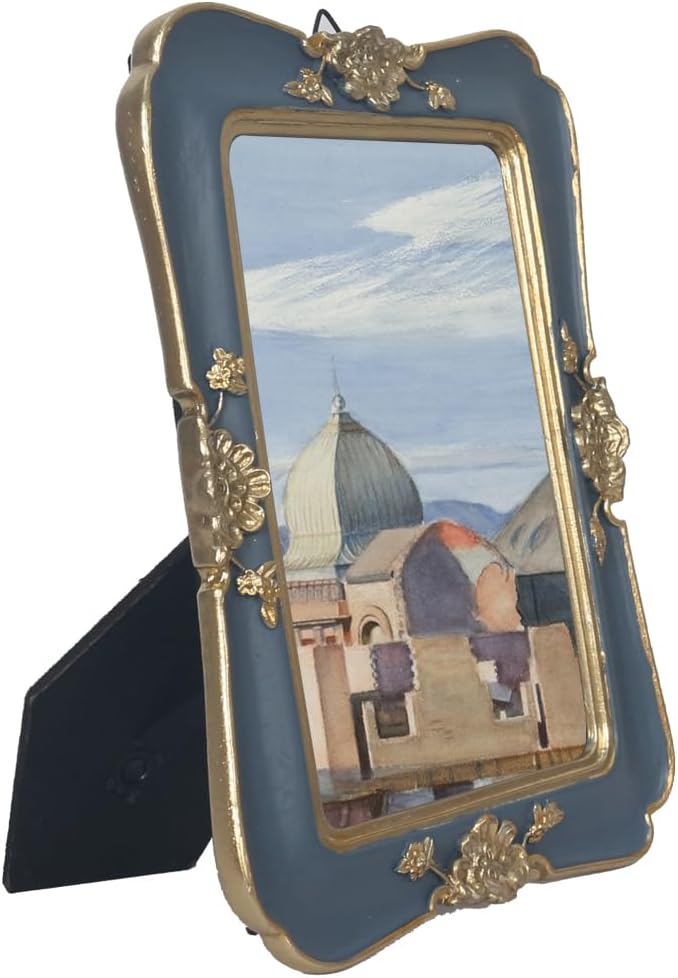 WINPLUS+ Vintage Picture Frame 5x7, Wall Mount and Tabletop Display, Art Gallery Gift (Blue and Gold 5x7)