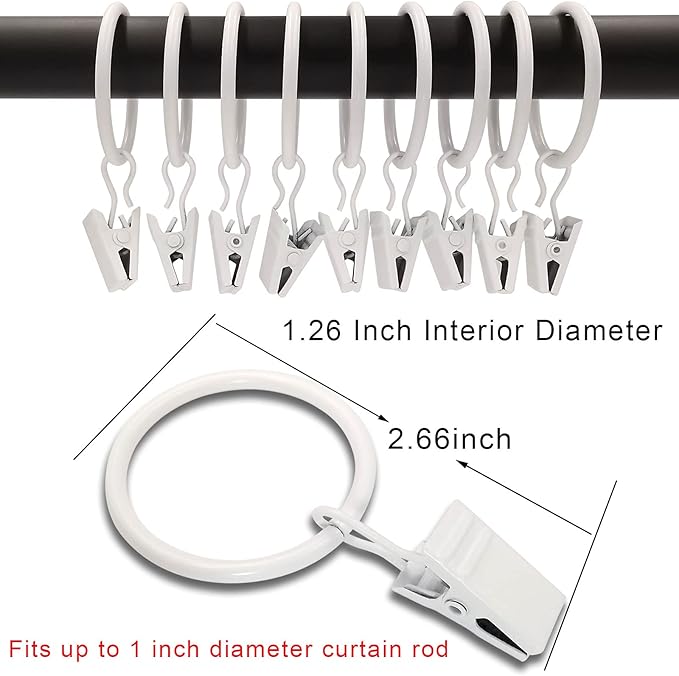 100 Pack Curtain Rings with Clips, Curtain Clip Rings Hooks, Bow Hanger Clips for Hanging Drapery Drapes Bows, Ring 1.26 inch Interior Diameter, Fits up to 1" Rod, White