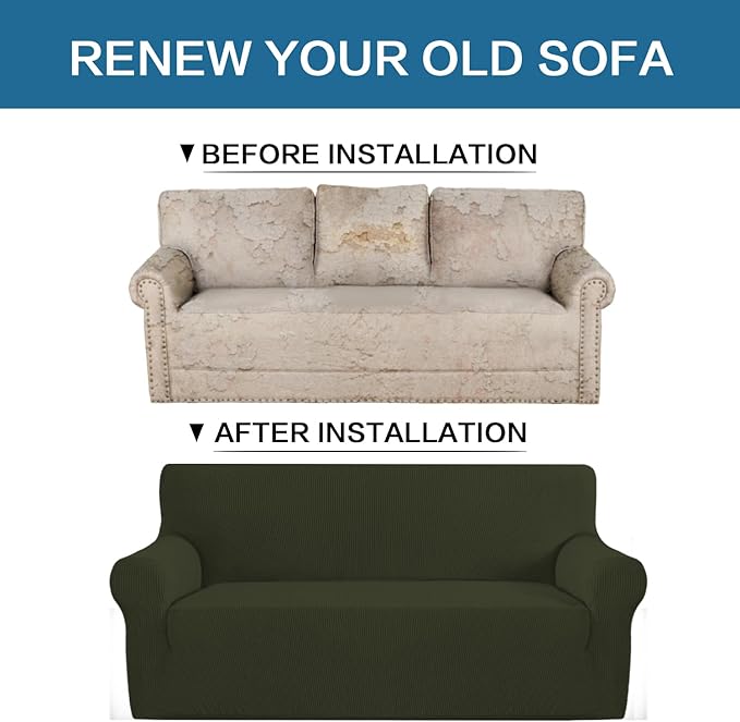 H.VERSAILTEX Stretch Couch Covers for Sofa 1 Piece Slipcovers for Couches and Sofas 3 Seater Couch Cover Feature Thick Checked Jacquard Fabric with Elastic Bottom(Large Sofa 90"-100" Wide, Olive)