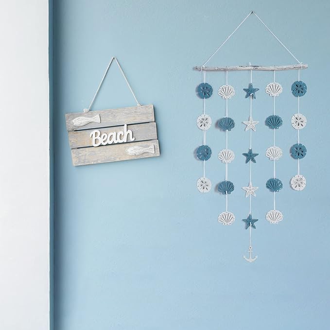 SOMTO Beach Seashell Wall Hanging Decor,Ocean Boho Farmhouse Rustic Coastal Themed Decorations for Home | Shells Starfish and Anchor Beach Nautical Decor for Bathroom, Bedroom or Living Room