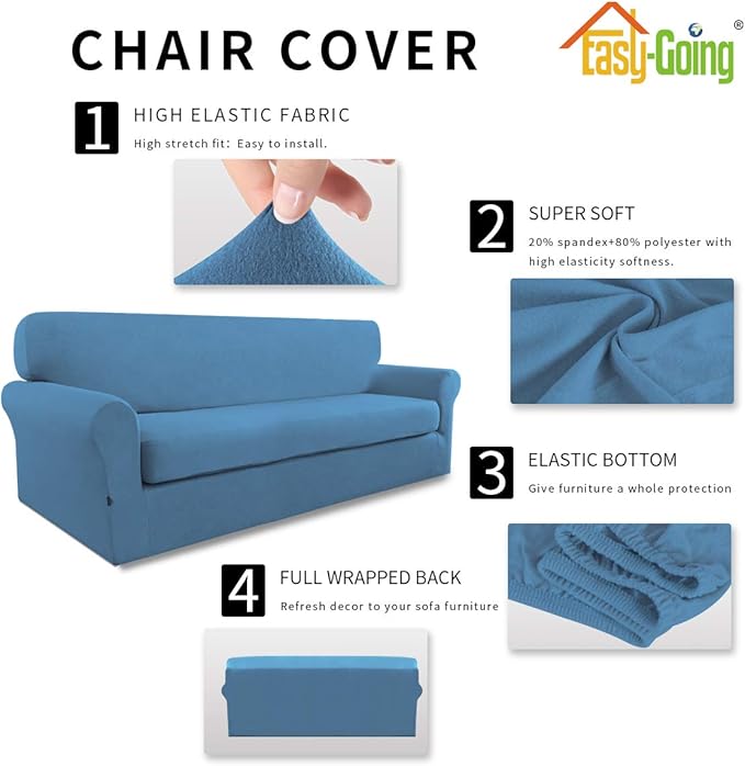 Easy-Going 2 Pieces Microfiber Stretch Sofa Slipcover Spandex Soft Fitted Sofa Couch Cover, Washable Furniture Protector with Elastic Bottom Kids,Pet (XLarge,Light Blue)