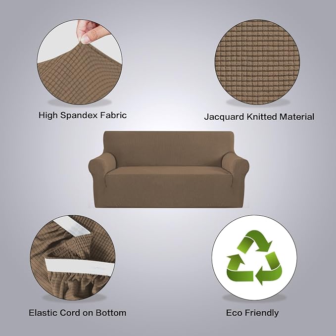 H.VERSAILTEX Stretch Couch Covers for Sofa 1 Piece Slipcovers for Couches and Sofas 3 Seater Couch Cover Feature Thick Checked Jacquard Fabric with Elastic Bottom(Sofa 72"-88" Wide, Macchiato)