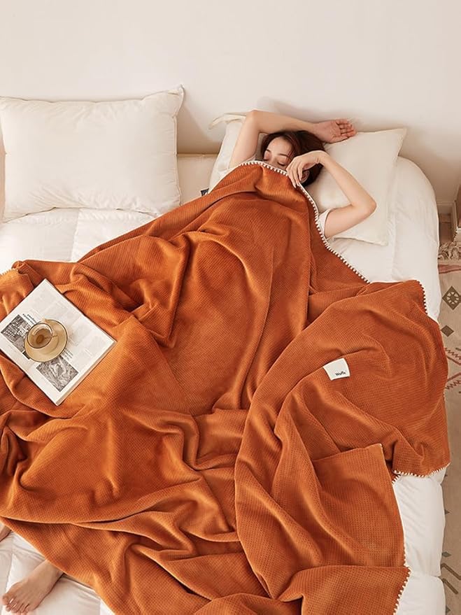 Luxury Softness Cozy Milk Flannel Velvet Waffle Weave Blanket, Pet Cat Feel, Nordic Modern Aetec Style, Lightweight Warm Plush Bed Twin Blanket Couch Sofa Travel Picnics, Burnt Orange 60"x80"