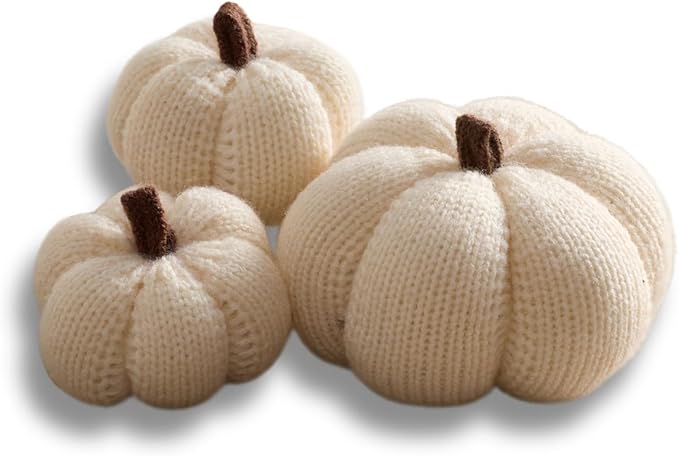 Your Heart's Content Cozy Mini Knit Set of 3 Ivory Pumpkins, Table top décor, Fall Accent Bowl Filler, tablescape, New Apartment Fall Gift (Snowdrop Multi-Size Set)