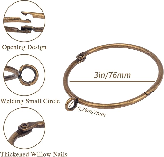 Openable Curtain Rings with Eyelet,24PCS Curtain Rings,Drapes Rings 3 in Interior Diameter,Hinge Snap-Joint Design, Fits Curtain Rods Up to 2 Inches Bronze TXZWJZ