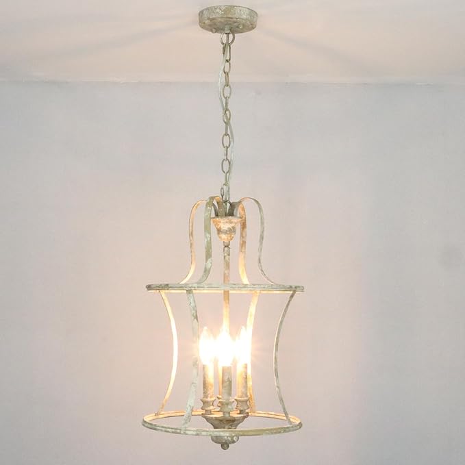 French Country Lantern Chandelier 4-Light Distressed White Pendant Light Fixtures with Chain Modern Farmhouse Lantern Pendant Lighting for Kitchen Island Dining Room