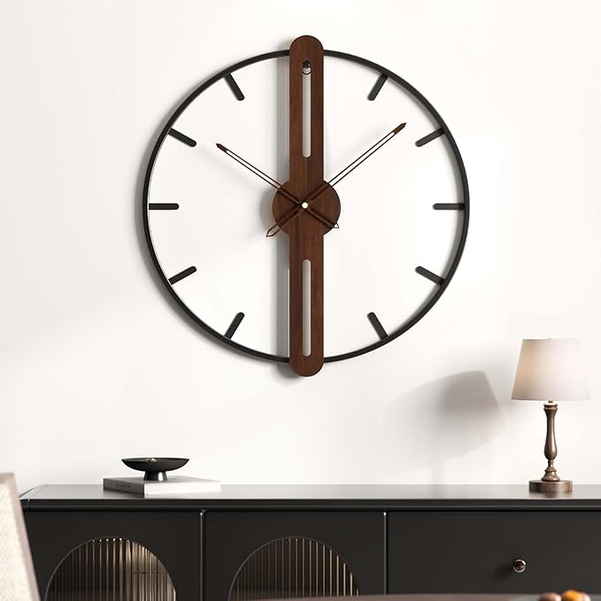 Modern Wall Clock Silent Non Ticking Battery Operated, Rustic Minimalist Wood Metal Frame Decorative Wall Clocks for Living Room, Office, Bedroom, Kitchen, 16 Inch