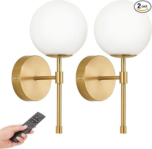 Battery Operated Globe Wall Sconces Set of 2, Brushed Gold Wireless Wall Lights with Remote Control, Rechargeable 3 Color Stepless Dimming Modern Wall Decor Lamp for Bedroom Living Room Hallway