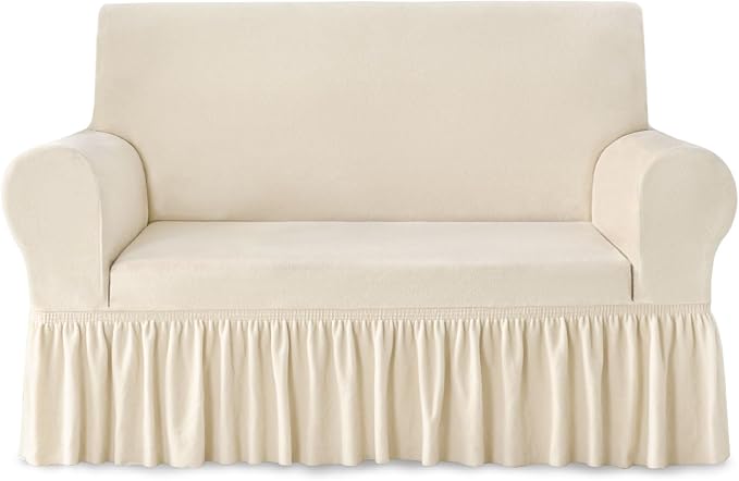 NICEEC Loveseat Cover Thick Plush 1-Piece Warm Beige-Yellow Slipcover for Loveseats Stretch Fluffy Couch Covers for Living Room Easy Fit Washable Soft Furniture Sofa Protector with Skirt