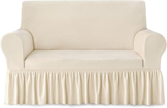 NICEEC Loveseat Cover Thick Plush 1-Piece Warm Beige-Yellow Slipcover for Loveseats Stretch Fluffy Couch Covers for Living Room Easy Fit Washable Soft Furniture Sofa Protector with Skirt