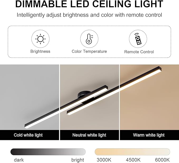 JAYMP Modern Ceiling Light with Remote, 43.3" Black Sputnik Ceiling Lamp, 32W Dimmable LED Lighting Fixture for Dining Room Living Room Kitchen Island, 2 Lights