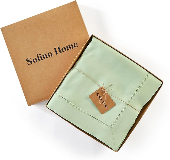 Solino Home Linen Tablecloth for Rectangle Tables 60 x 90 Inch - Classic Hemstitch 100% Pure Linen Light Green Table Cloth - Machine Washable Cloth Tablecloth