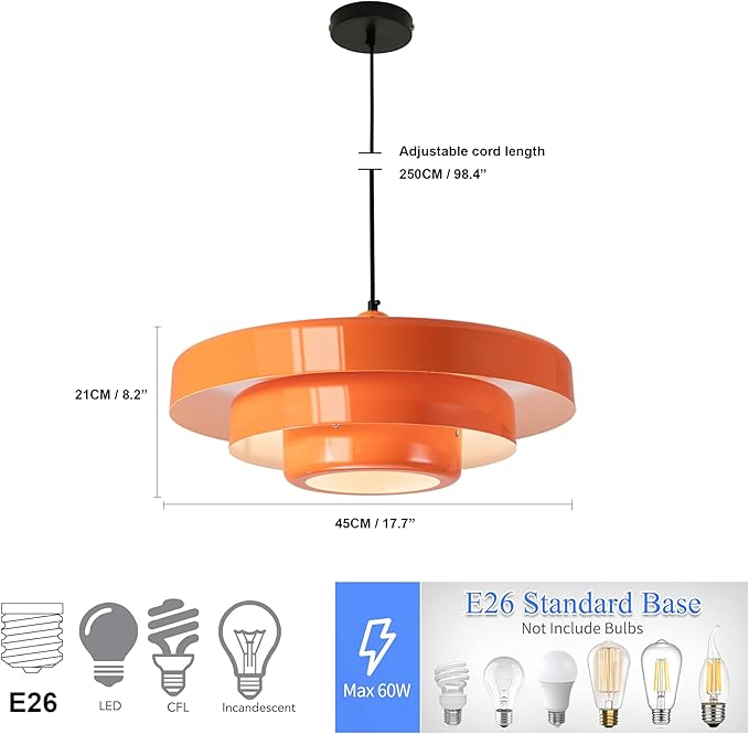 Modern Large Pendant Light Fixture, 17.7 inch Vintage Orange Ceiling Hanging Lamp with 3-Layer Metal Shade, Height Adjustable, Mid Century Chandelier for Kitchen Island Lighting,Dining Room