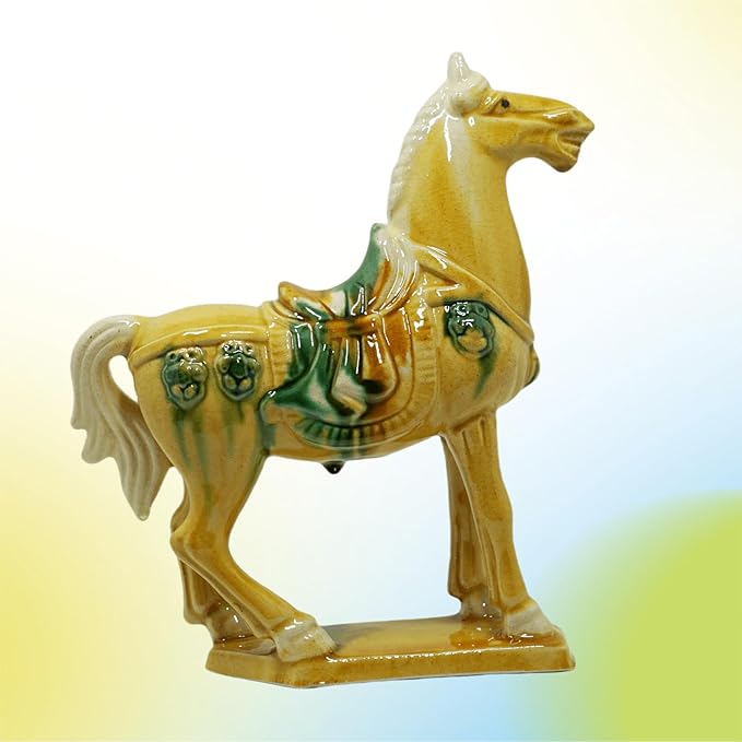 Handmade -Tang Dynasty Tri-Color Horse Sculpture Ceramic Horse-19cm Cultural Art Piece for Home,Bookcase or Office Decor (Yellow)