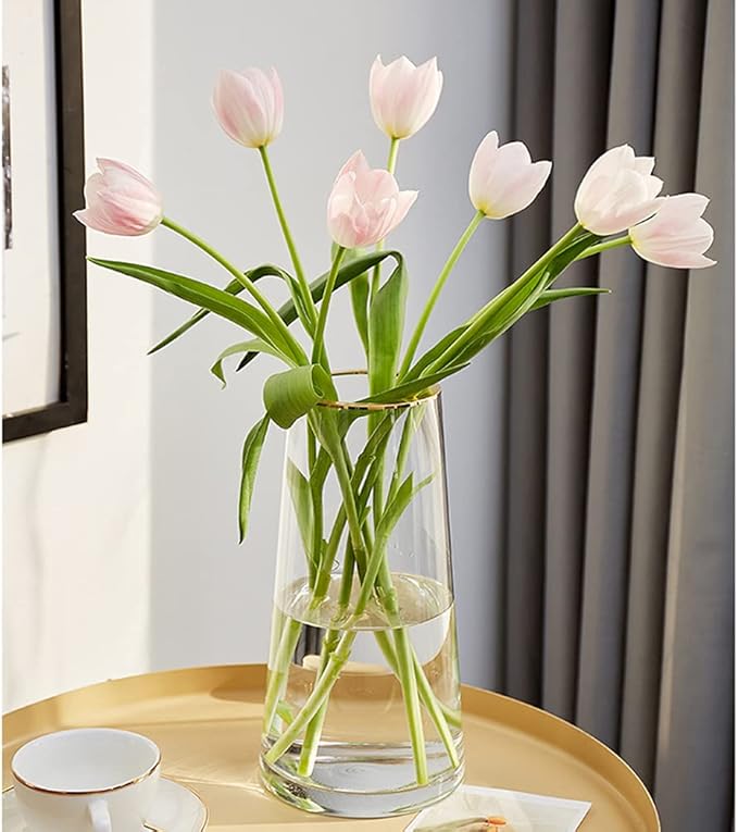 Clear Glass Flower Vase with Gold Mouth for Centerpieces Home Wedding Decoration (1, Large 5.2" x 9.9“)