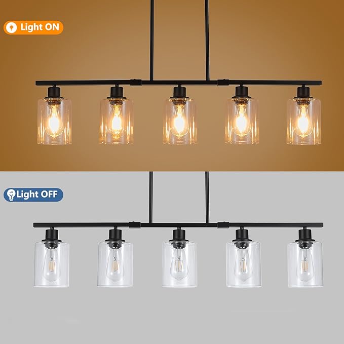 39.4" Kitchen Island Lighting, 5 Lights Clear Glass Pendant Light Fixtue, Black Linear Metal Chandelier for Dining&Living Room Foyer,Height Adjustable,E26 Socket