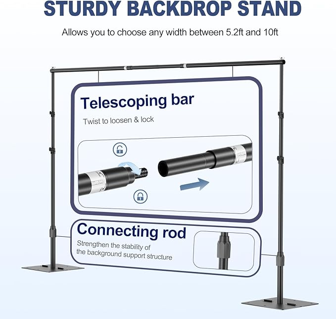 EMART Backdrop Stand,10x7ft(WxH) Adjustable Photo Background Stand with Upgrade Rod,Heavy Duty Flat Base,Metal Pipe and Drape Frame for Wedding,Birthday Party,Decorations,Photography Studio